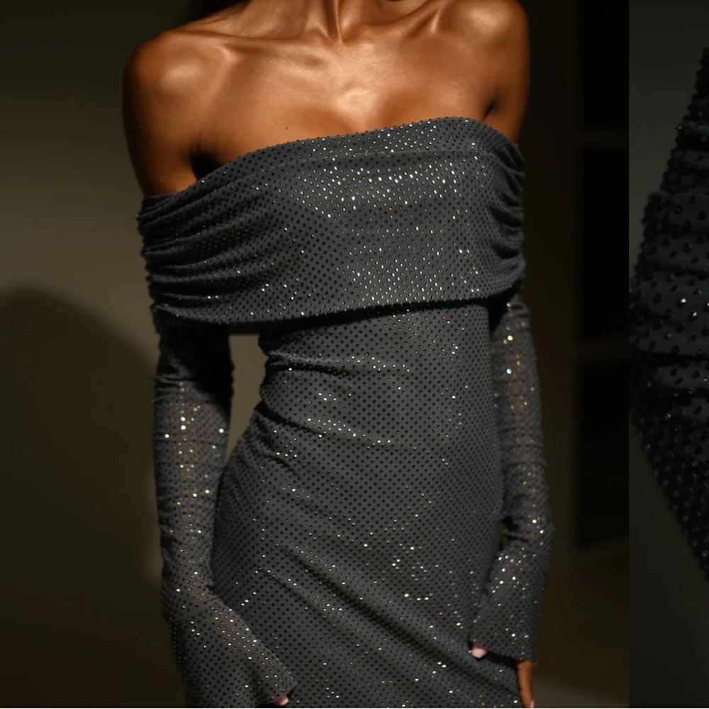 Meshki Off Shoulder Diamante Maxi Dress - Gunmetal